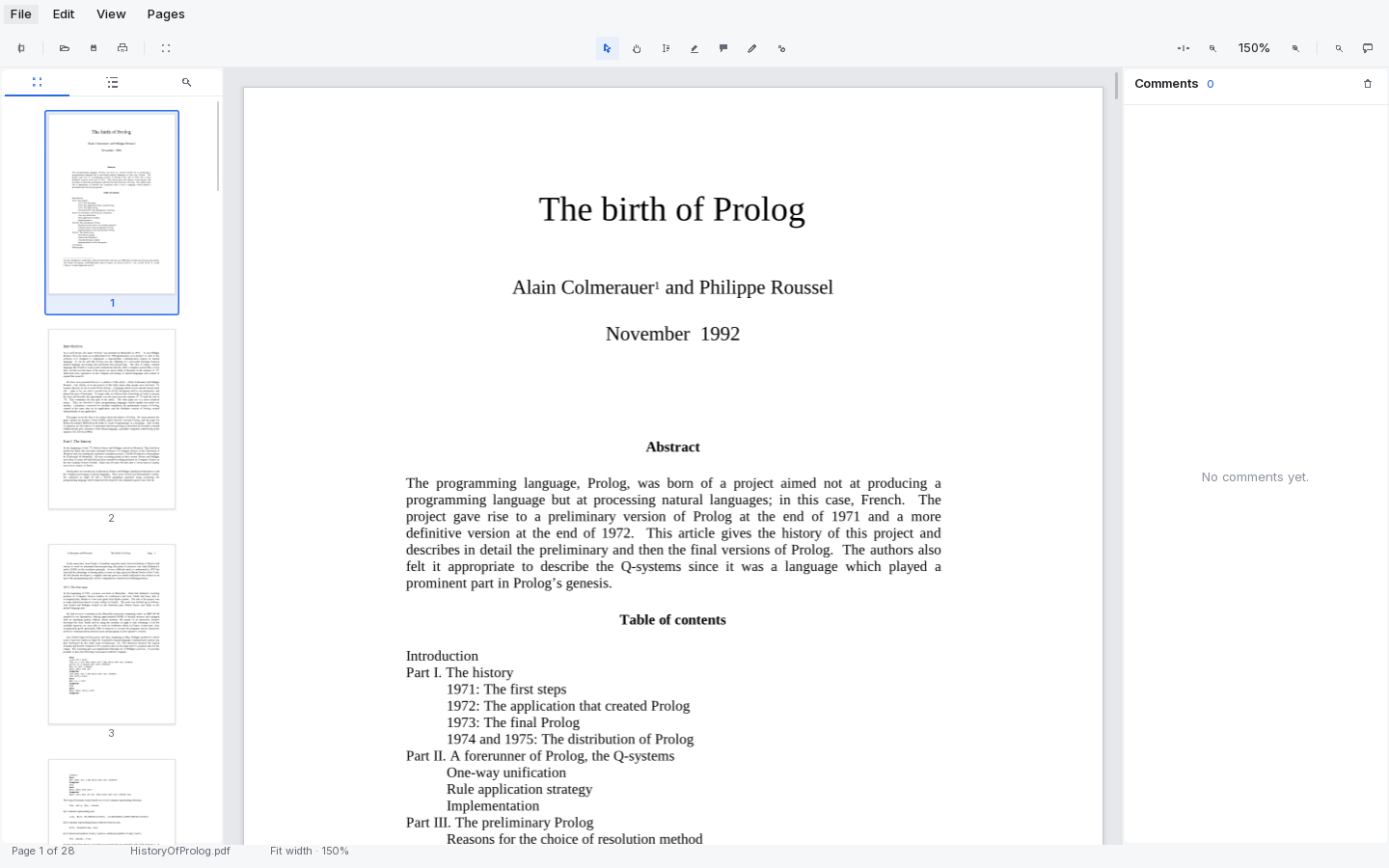 The reading view: a paper open at page one, a page thumbnail rail on the left with page 1 selected, an empty comments panel on the right, and a status bar reading page 1 of 28 at fit width, 150%.
