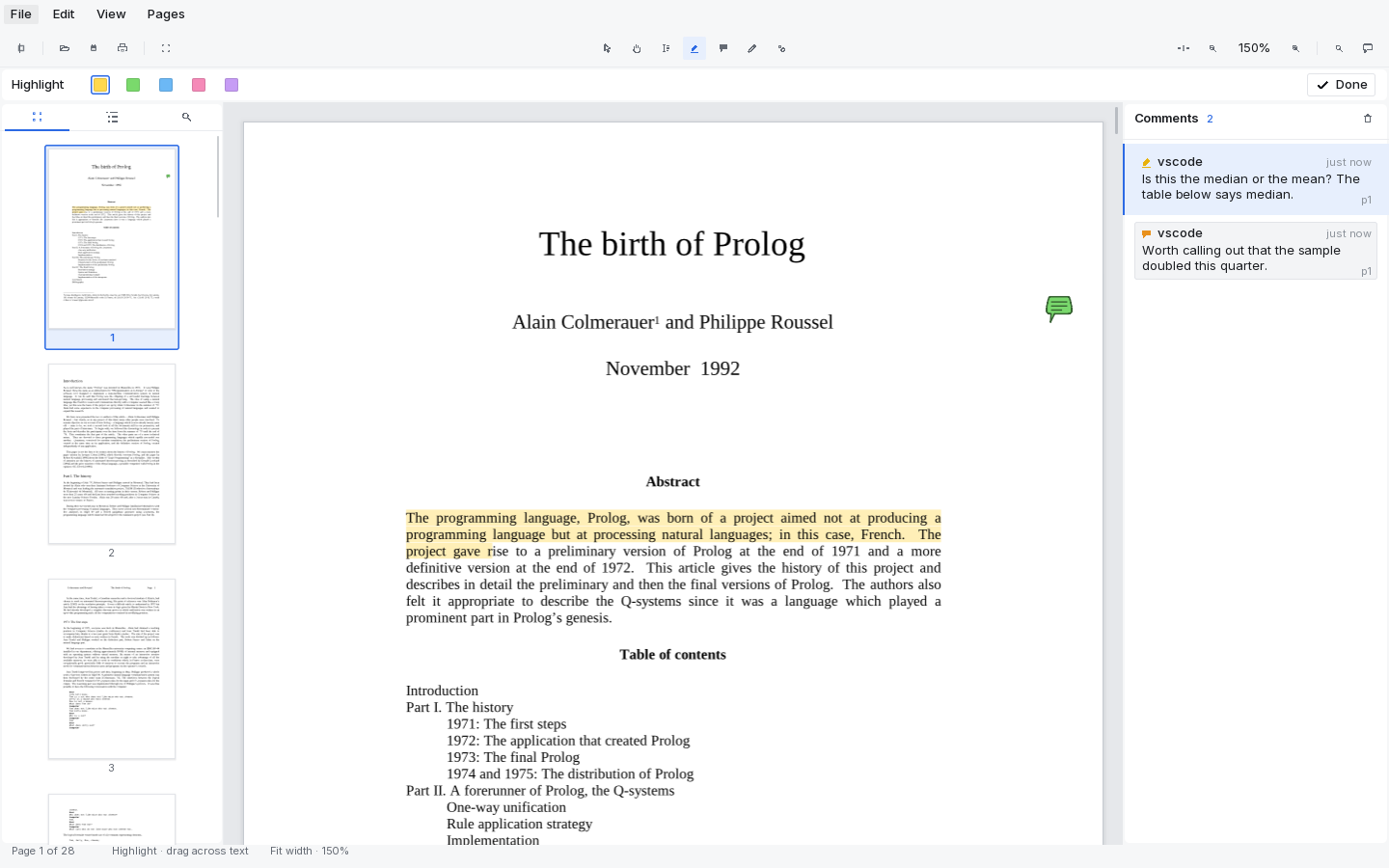 Annotating: the highlight tool is active with a row of five highlight colours, a paragraph of the abstract is highlighted yellow, a green sticky note sits in the margin, and two comments are listed in the panel on the right.