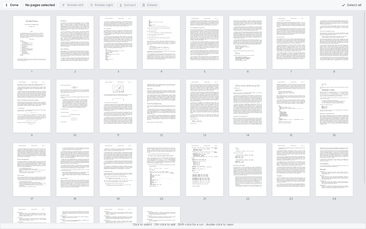 The page organiser: all 28 pages of the document laid out as a grid of numbered thumbnails, with a toolbar offering rotate left, rotate right, extract, delete and select all.