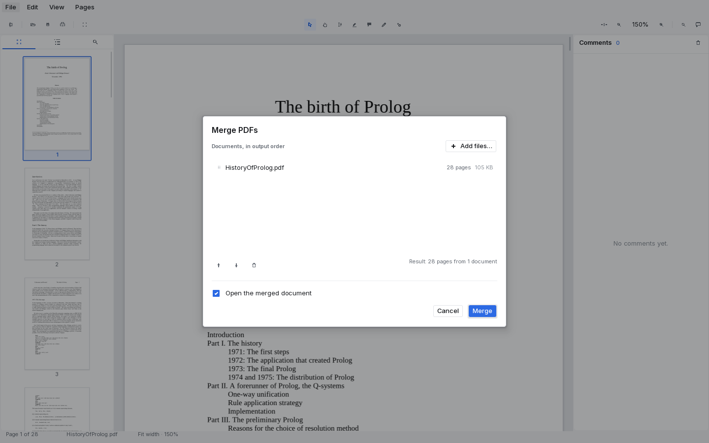 The merge dialog: a reorderable list of documents in output order, each row showing its page count and file size, with move up, move down and remove controls and a running total of the result.