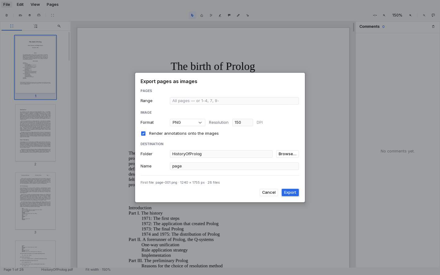 The export dialog: fields for a page range, image format set to PNG, resolution set to 150 DPI, an option to render annotations onto the images, and a destination folder and file name, with a preview line reading page-001.png, 1240 by 1755 pixels, 28 files.