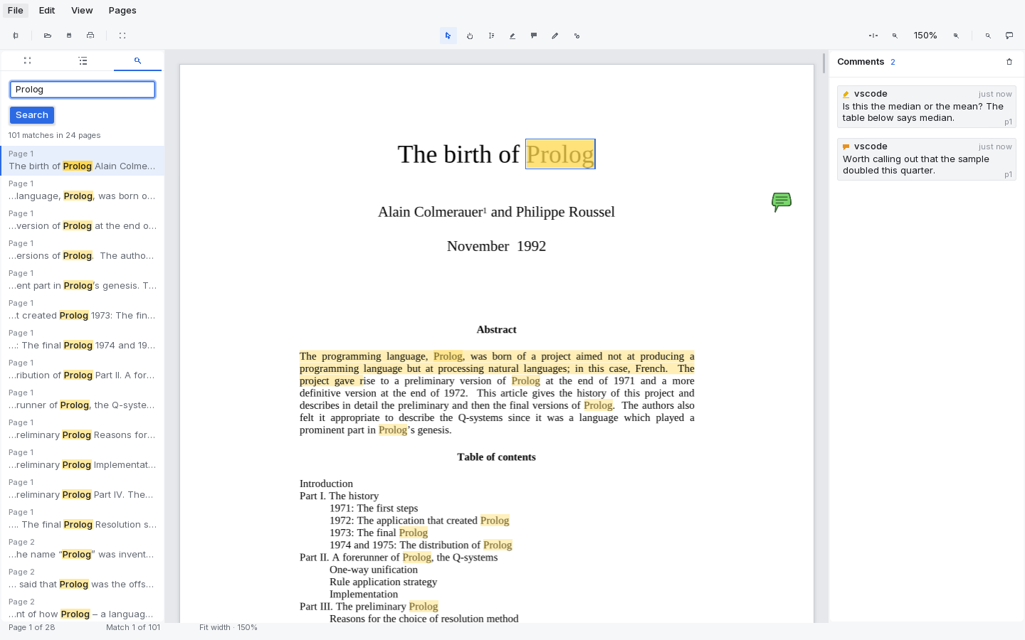 Search: the sidebar shows the query Prolog with the result 101 matches in 24 pages, each hit listed with its page number and surrounding text, and every occurrence marked on the page beside it.