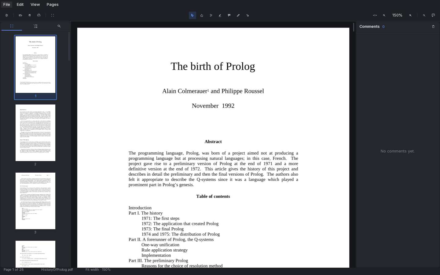 The same reading view on the dark theme: dark grey chrome and sidebars around the same white page, laid out identically.