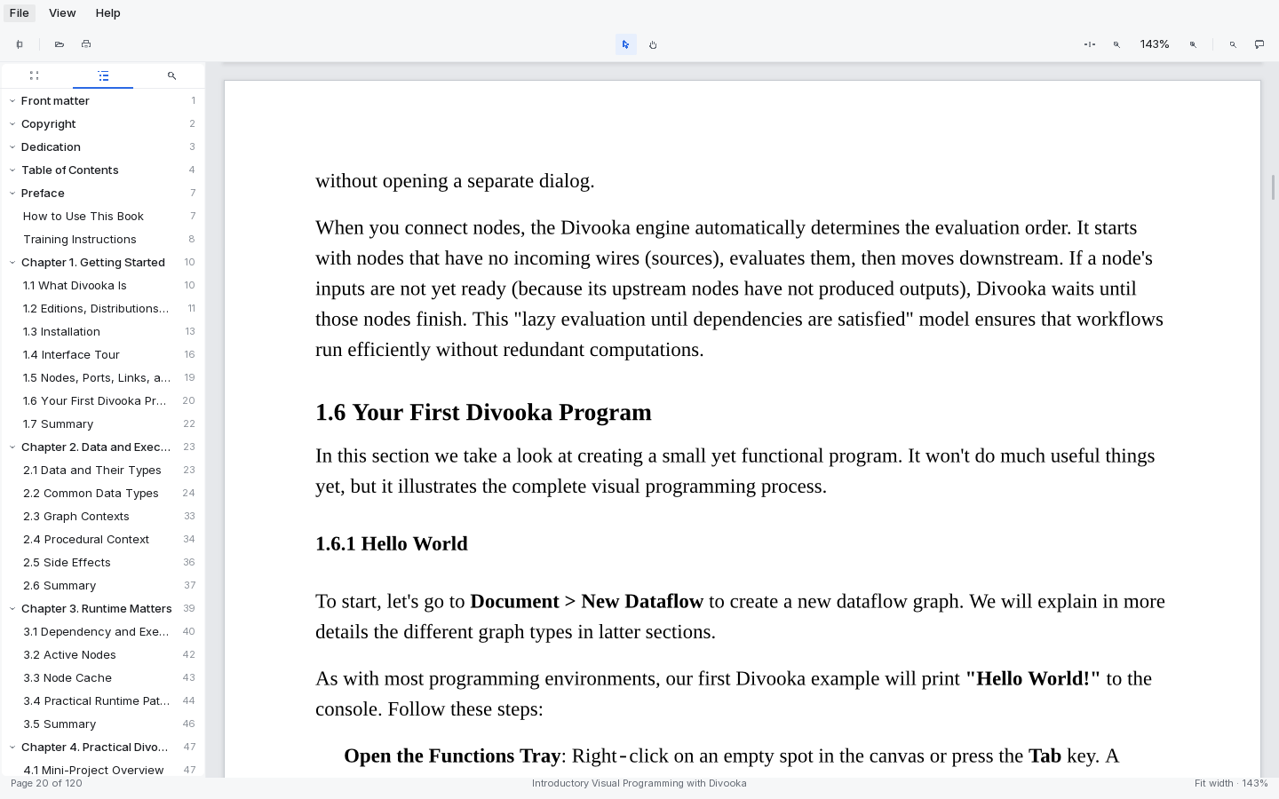 An EPUB book open in Methodox Reader: the contents of Introductory Visual Programming with Divooka down the left, a page number beside every chapter and section, and a page of the book set in serif type beside it.